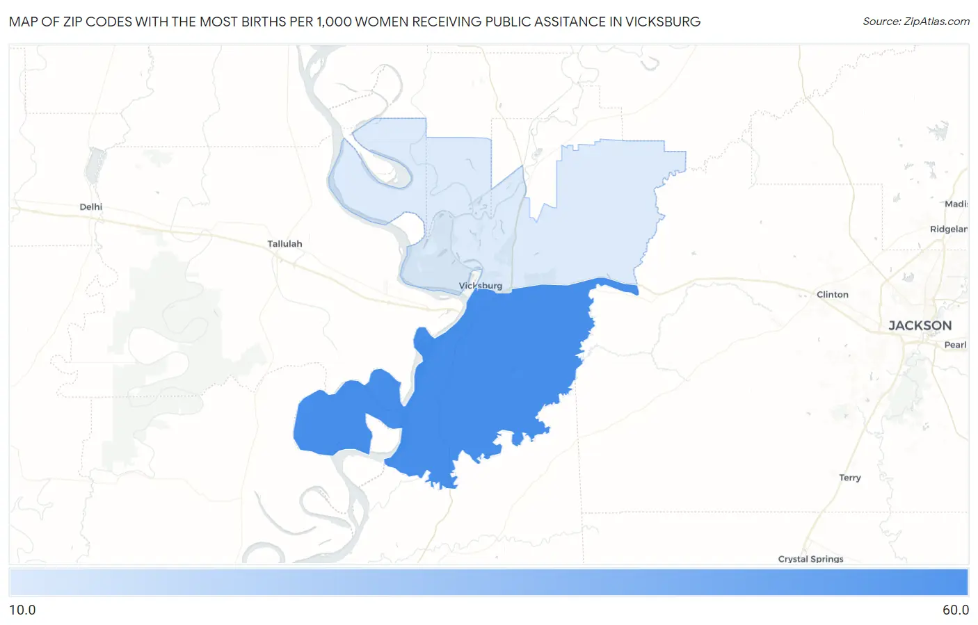 Zip Codes with the Most Births per 1,000 Women Receiving Public Assitance in Vicksburg Map