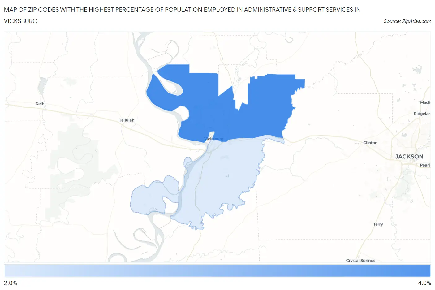 Zip Codes with the Highest Percentage of Population Employed in Administrative & Support Services in Vicksburg Map