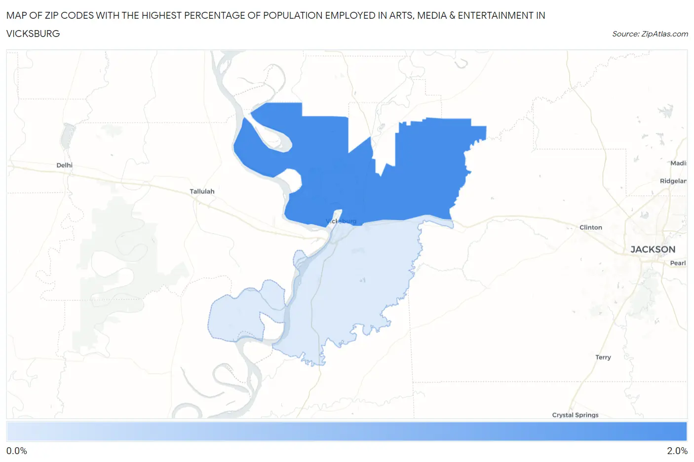 Zip Codes with the Highest Percentage of Population Employed in Arts, Media & Entertainment in Vicksburg Map