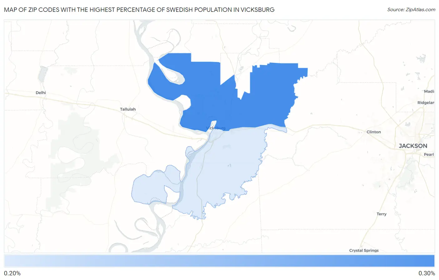 Zip Codes with the Highest Percentage of Swedish Population in Vicksburg Map