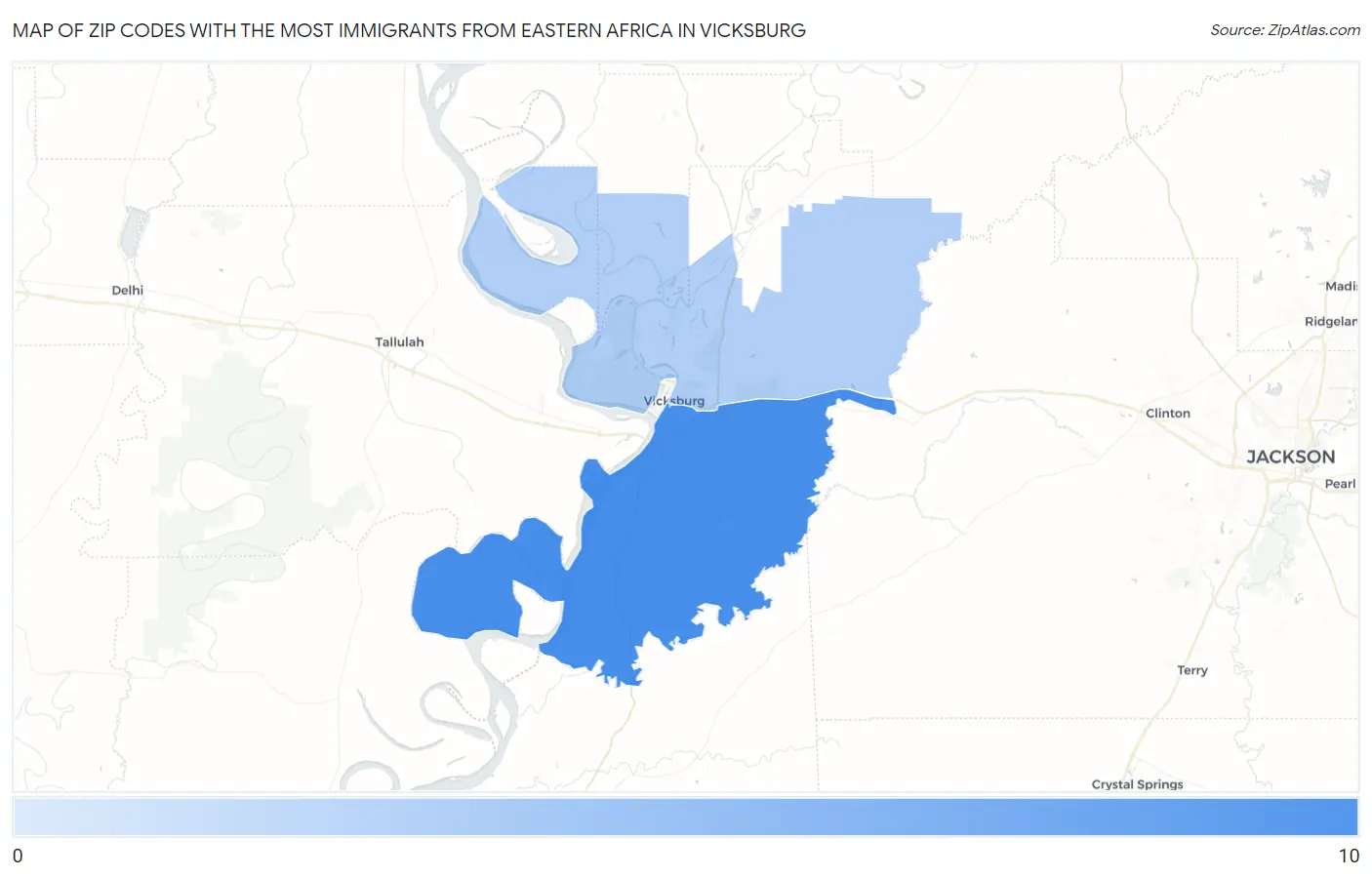 Zip Codes with the Most Immigrants from Eastern Africa in Vicksburg Map