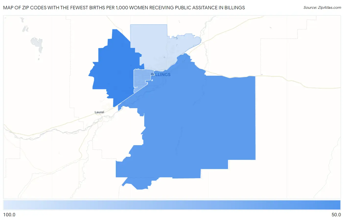 Zip Codes with the Fewest Births per 1,000 Women Receiving Public Assitance in Billings Map