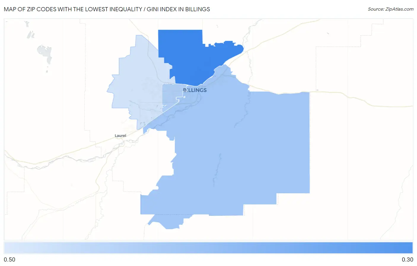 Zip Codes with the Lowest Inequality / Gini Index in Billings Map