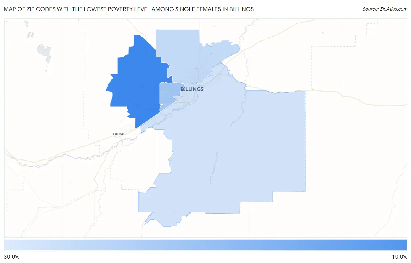 Zip Codes with the Lowest Poverty Level Among Single Females in Billings Map