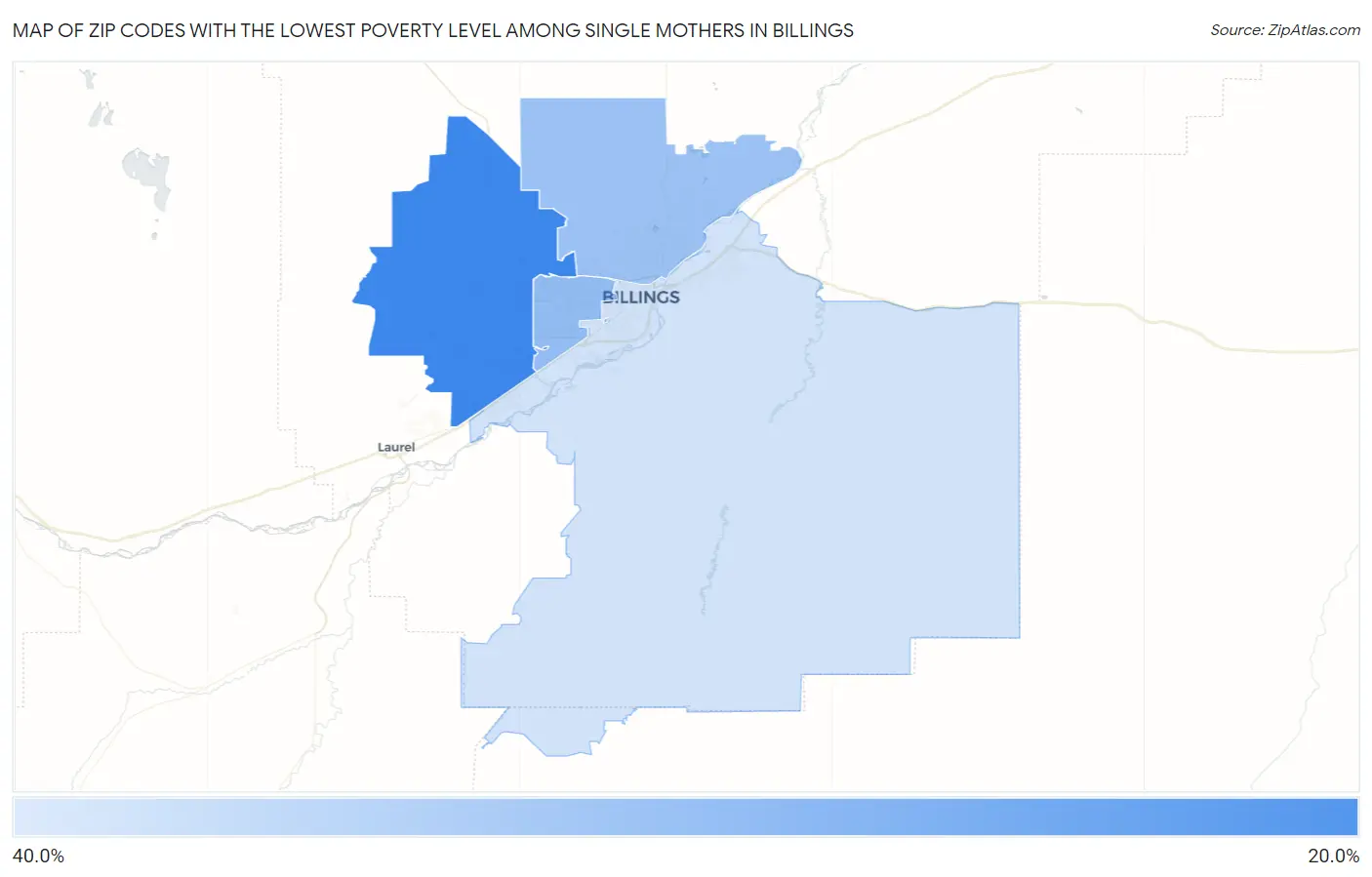 Zip Codes with the Lowest Poverty Level Among Single Mothers in Billings Map