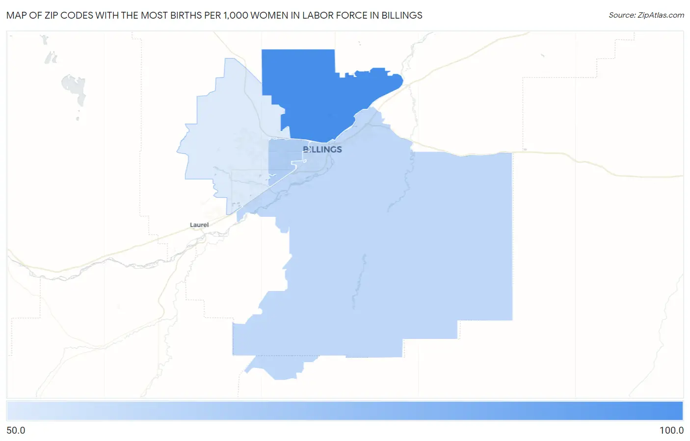 Zip Codes with the Most Births per 1,000 Women in Labor Force in Billings Map