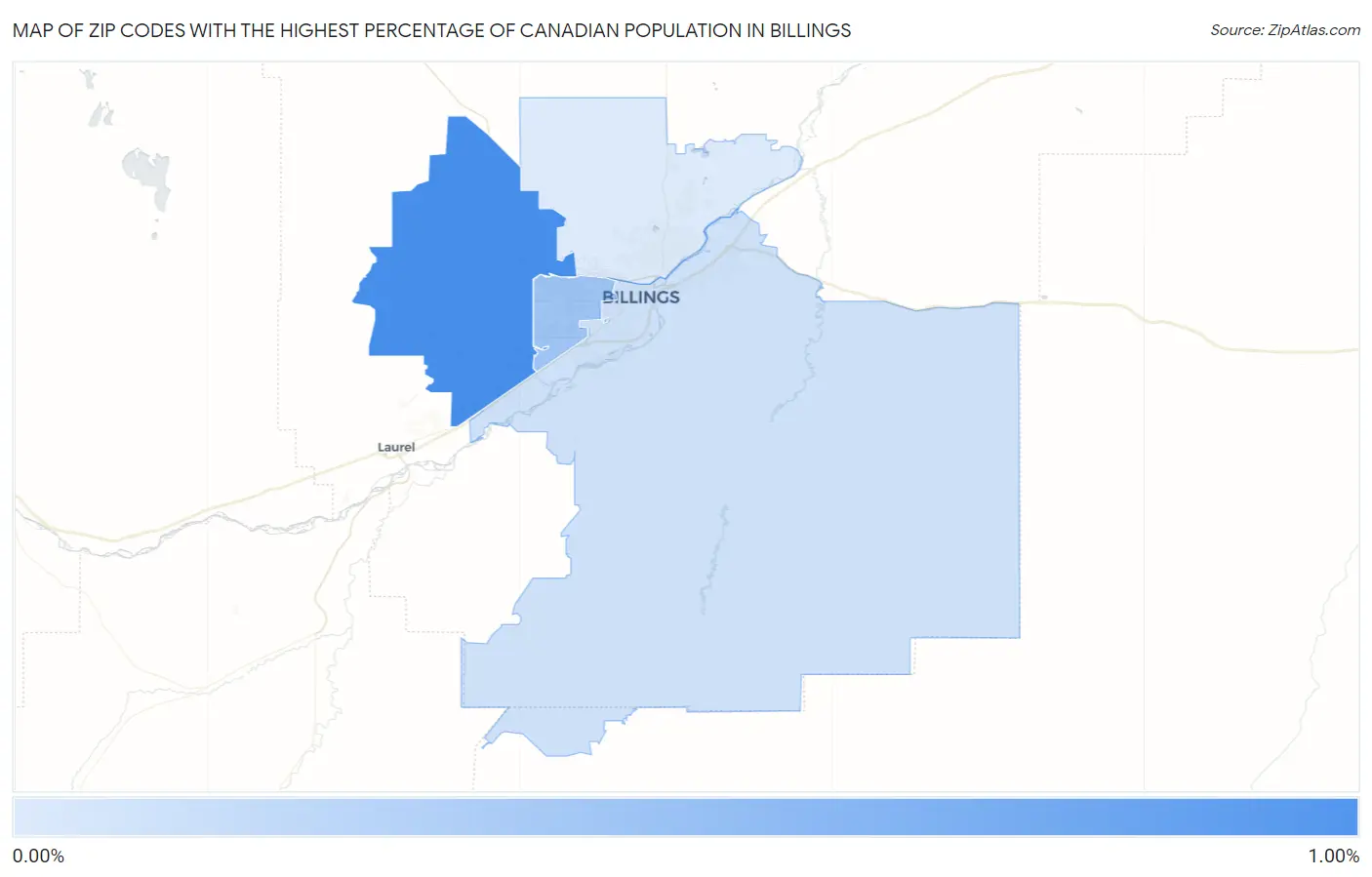 Zip Codes with the Highest Percentage of Canadian Population in Billings Map