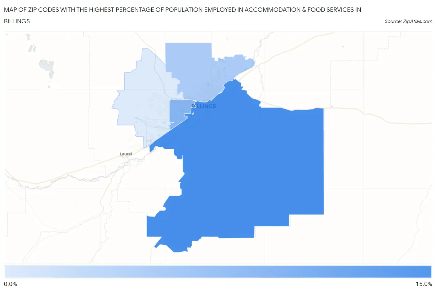 Zip Codes with the Highest Percentage of Population Employed in Accommodation & Food Services in Billings Map
