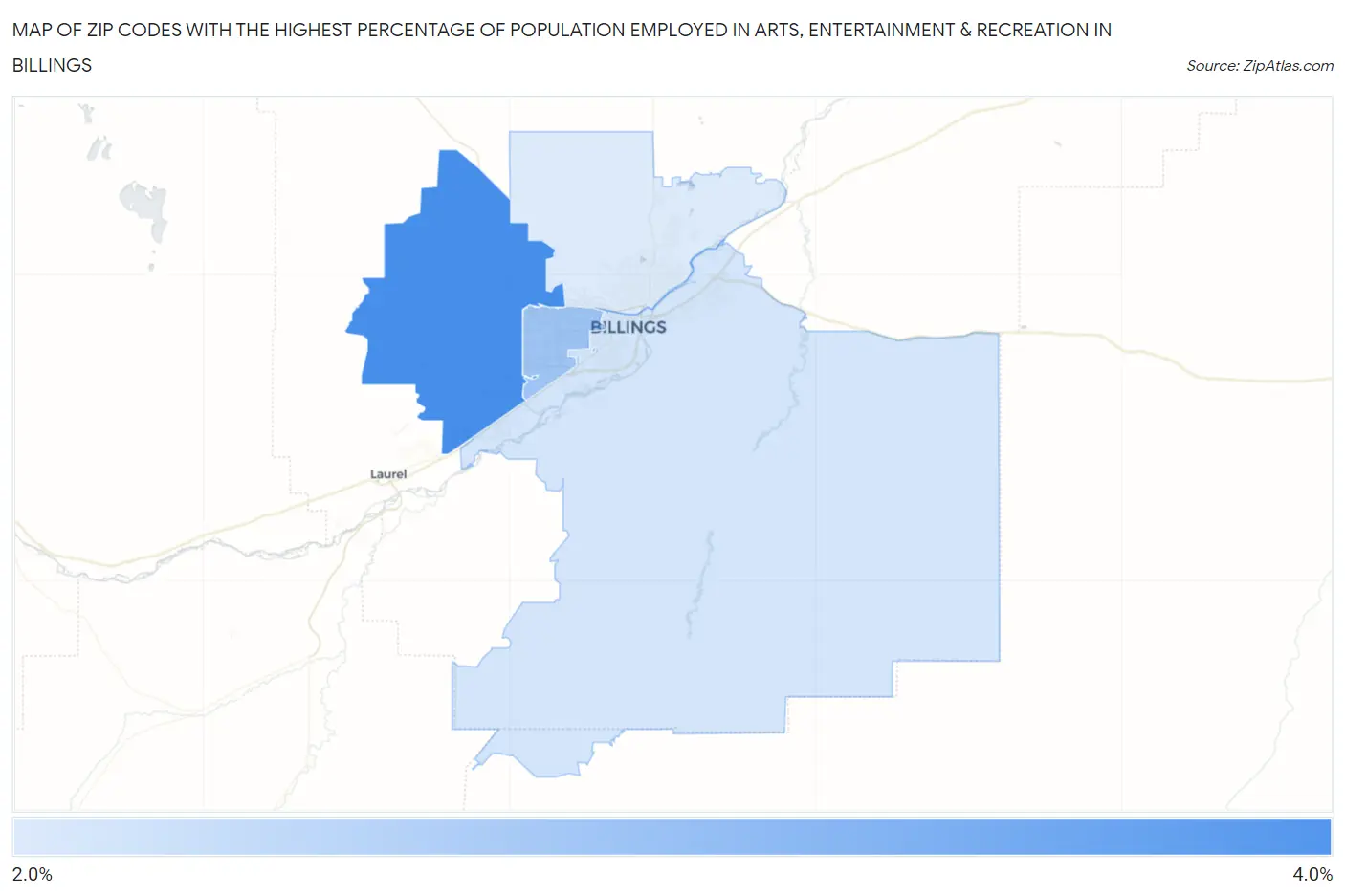 Zip Codes with the Highest Percentage of Population Employed in Arts, Entertainment & Recreation in Billings Map