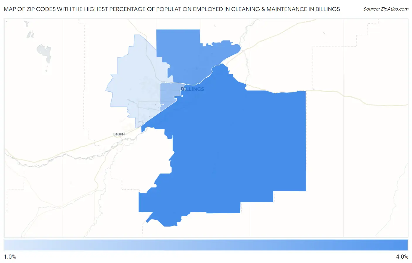 Zip Codes with the Highest Percentage of Population Employed in Cleaning & Maintenance in Billings Map