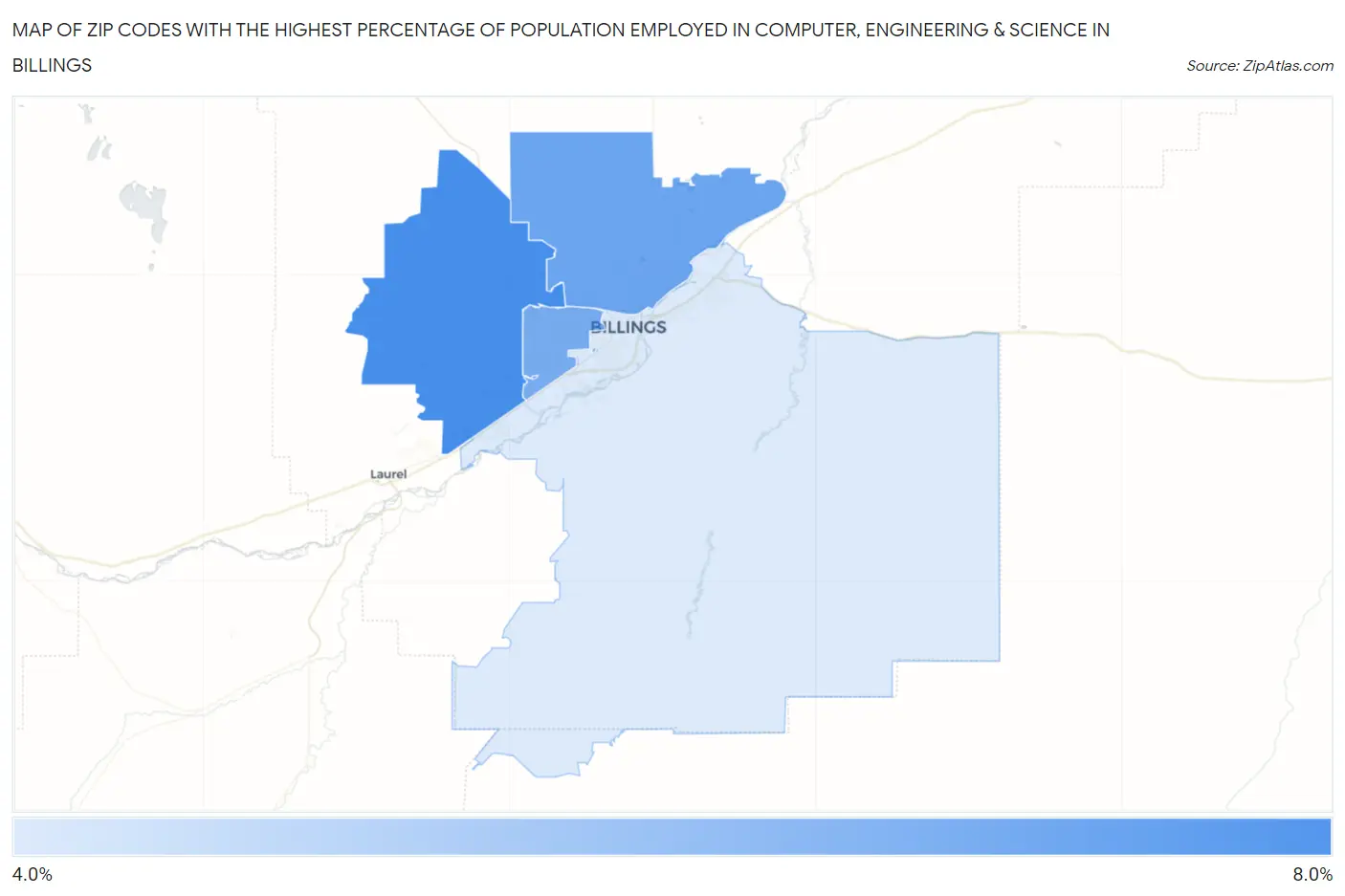 Zip Codes with the Highest Percentage of Population Employed in Computer, Engineering & Science in Billings Map