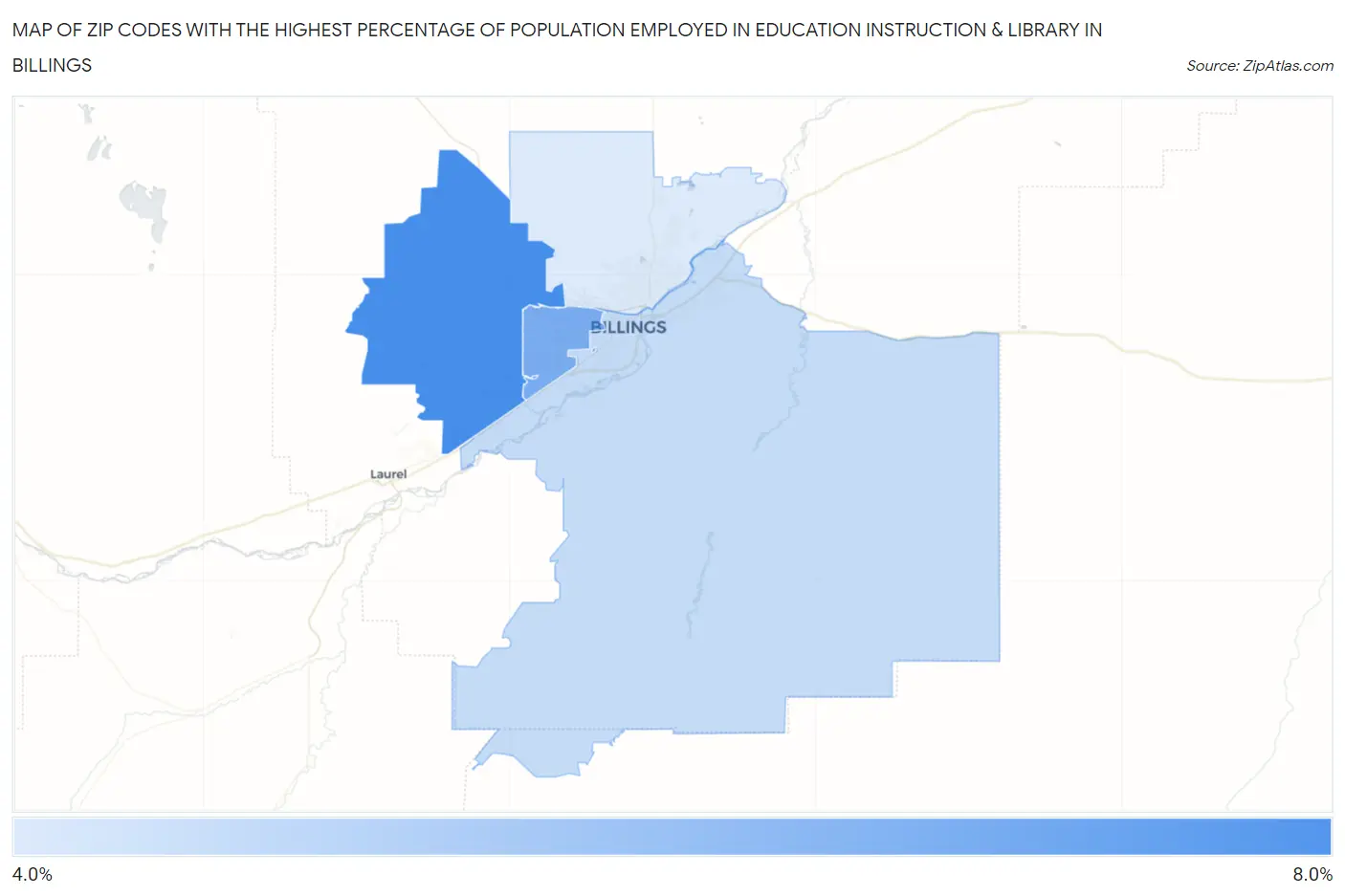 Zip Codes with the Highest Percentage of Population Employed in Education Instruction & Library in Billings Map