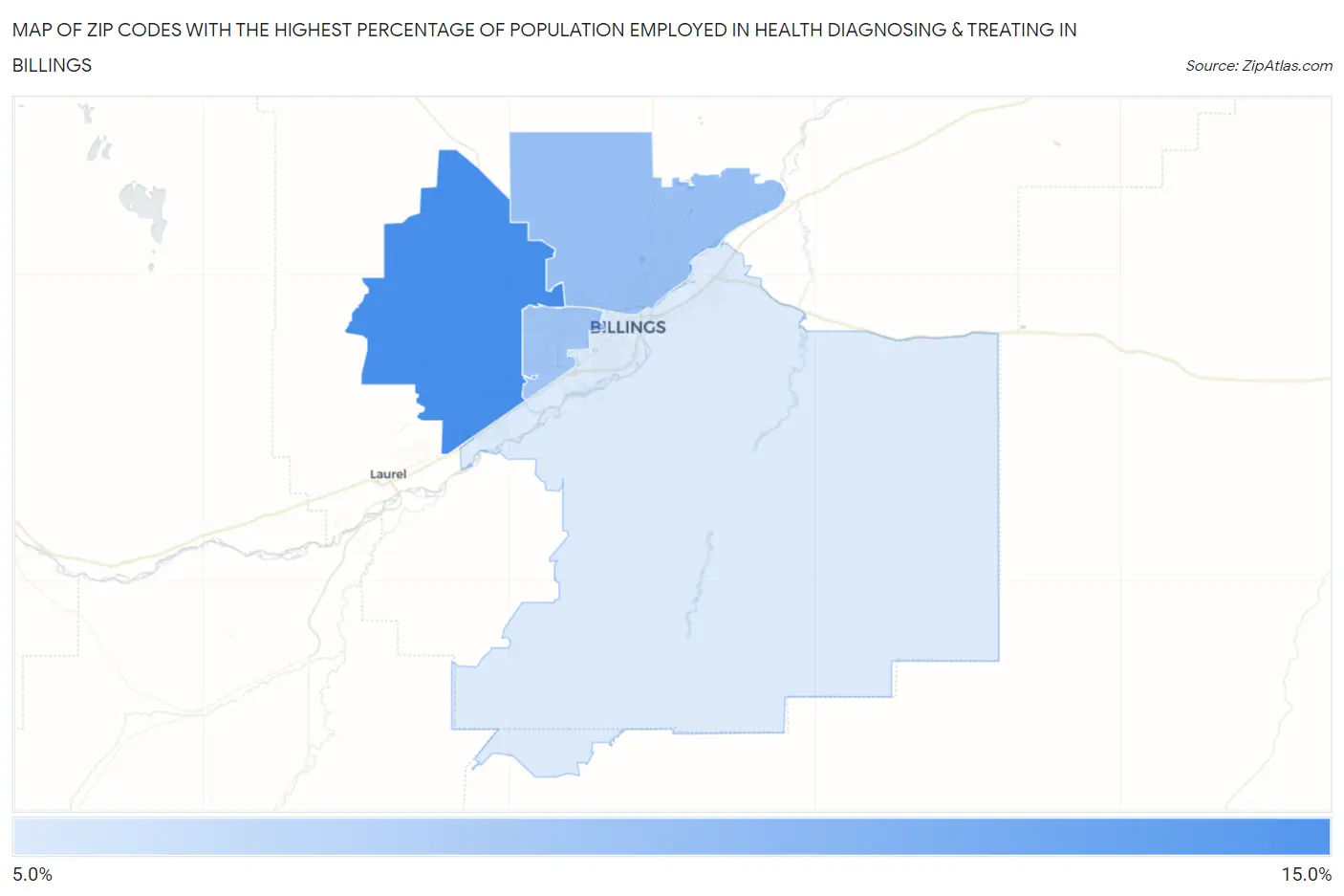 Zip Codes with the Highest Percentage of Population Employed in Health Diagnosing & Treating in Billings Map
