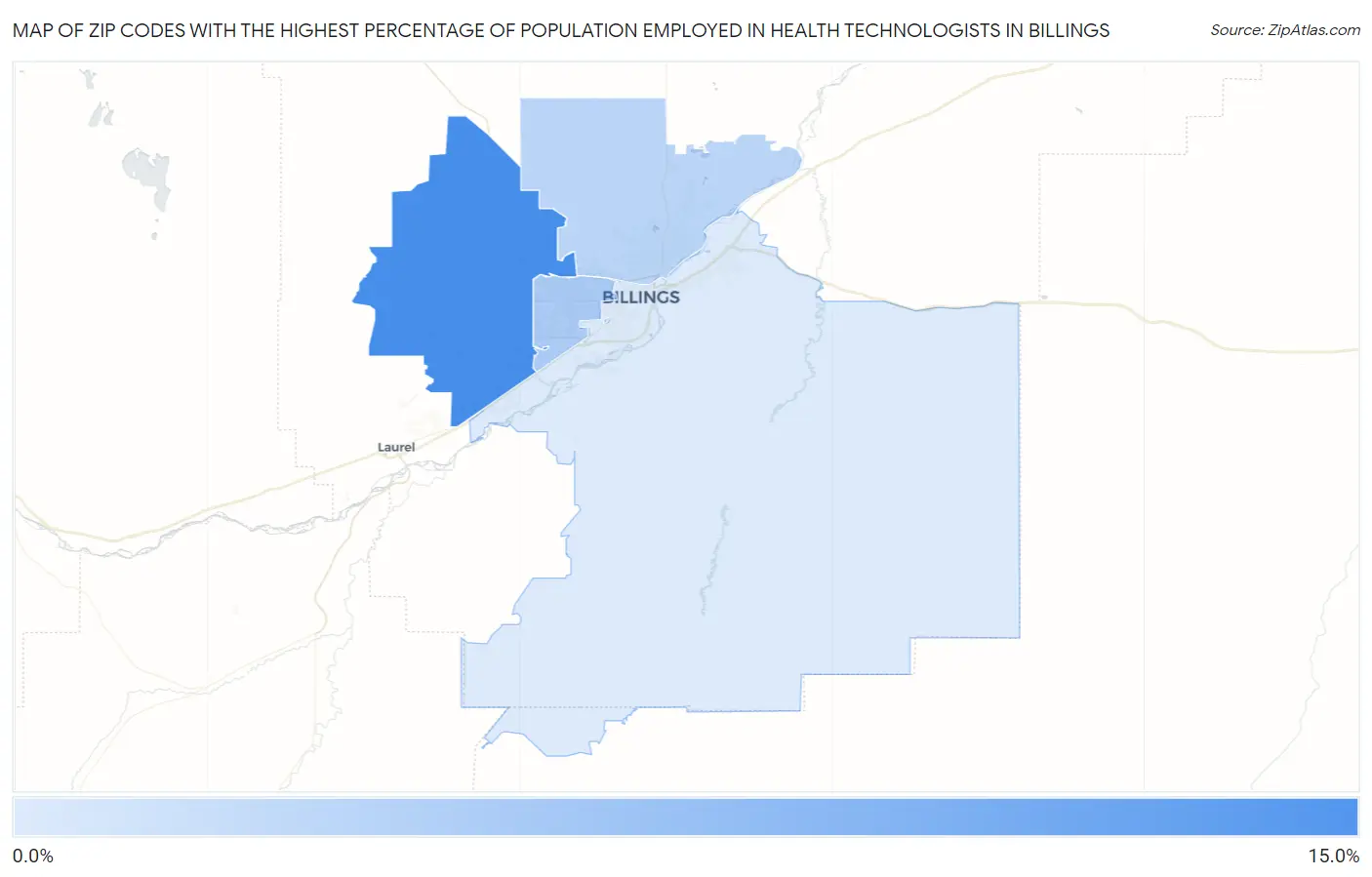 Zip Codes with the Highest Percentage of Population Employed in Health Technologists in Billings Map