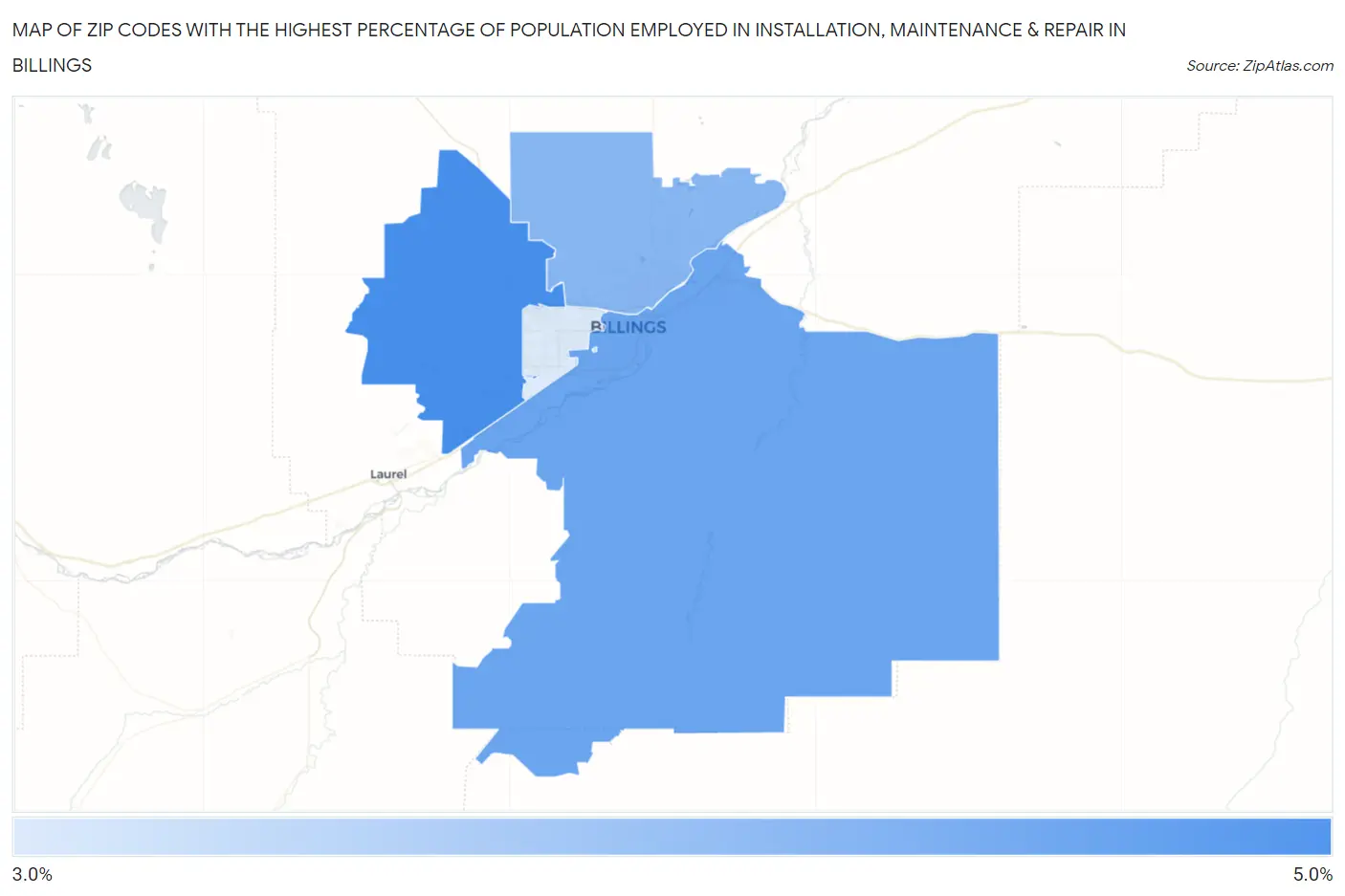 Zip Codes with the Highest Percentage of Population Employed in Installation, Maintenance & Repair in Billings Map