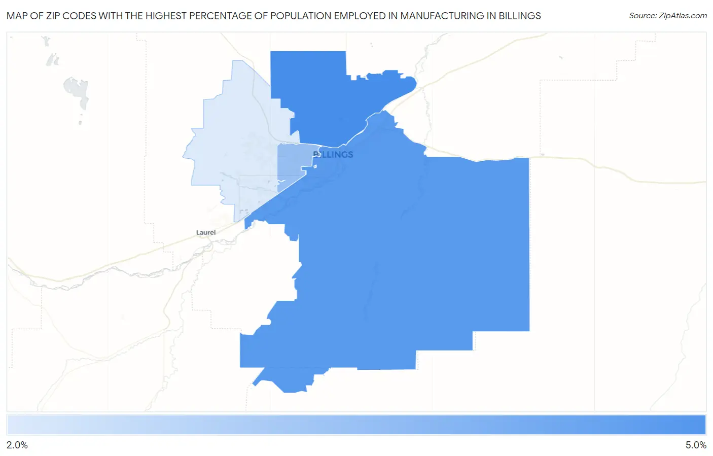 Zip Codes with the Highest Percentage of Population Employed in Manufacturing in Billings Map