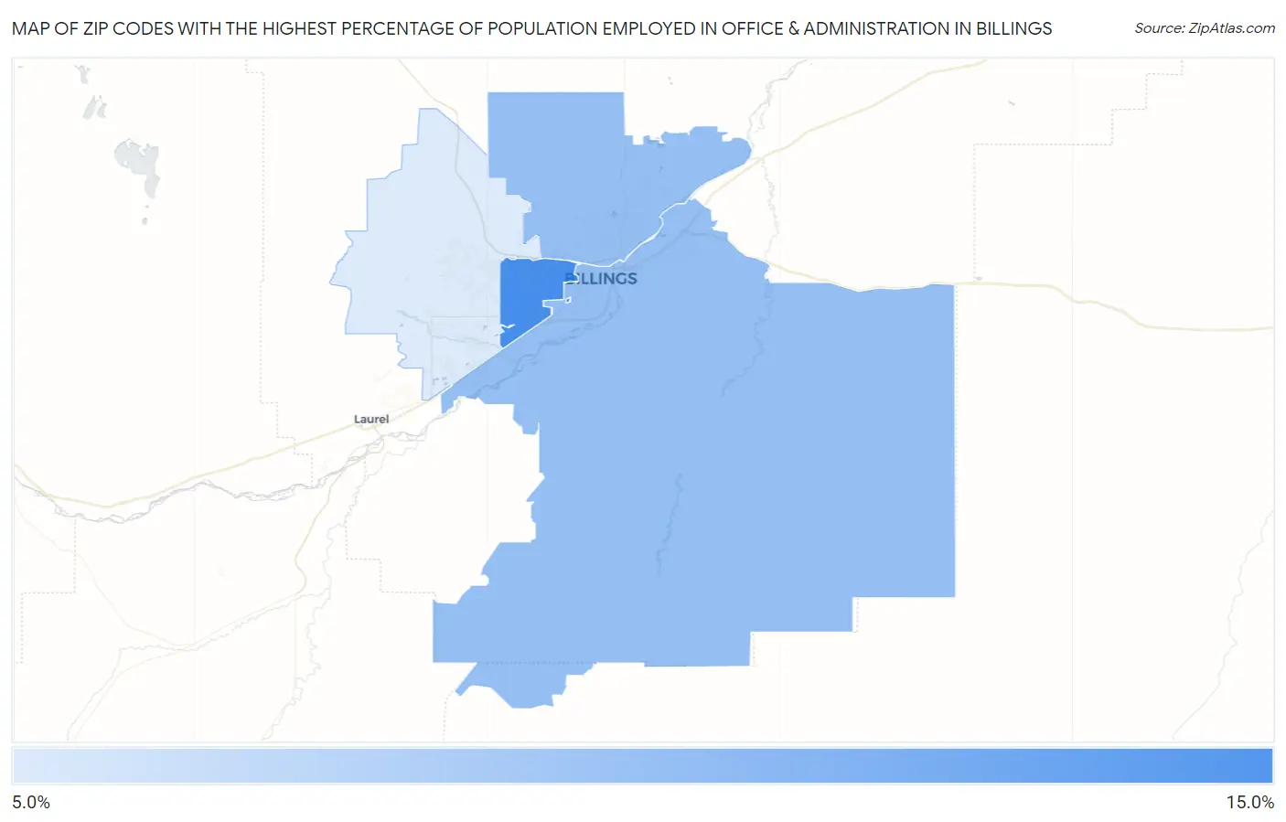 Zip Codes with the Highest Percentage of Population Employed in Office & Administration in Billings Map