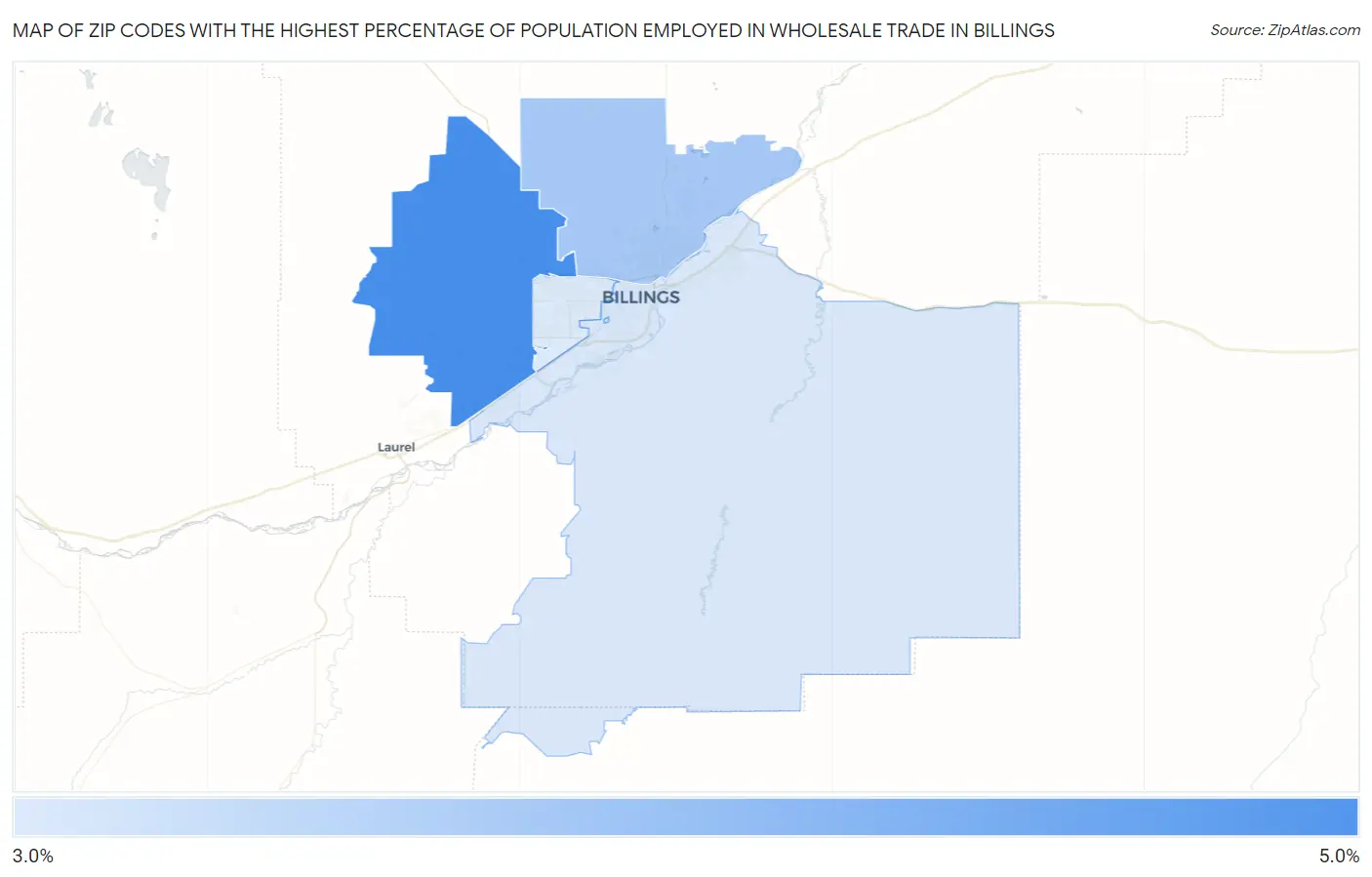 Zip Codes with the Highest Percentage of Population Employed in Wholesale Trade in Billings Map