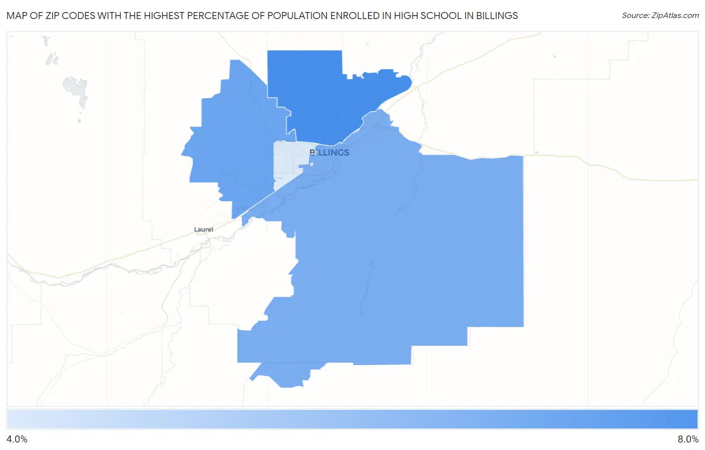 Zip Codes with the Highest Percentage of Population Enrolled in High School in Billings Map