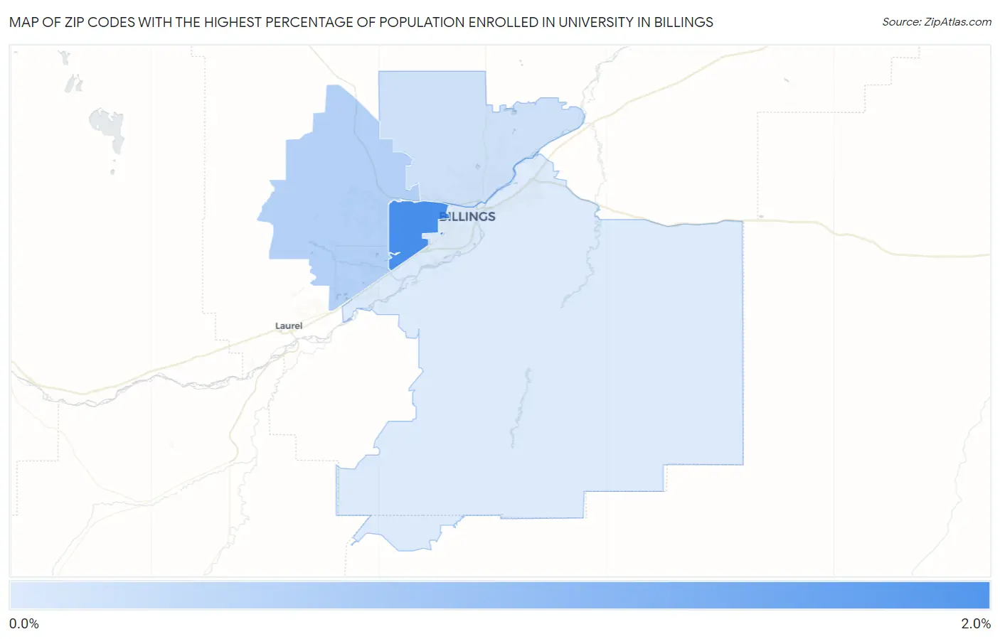 Zip Codes with the Highest Percentage of Population Enrolled in University in Billings Map