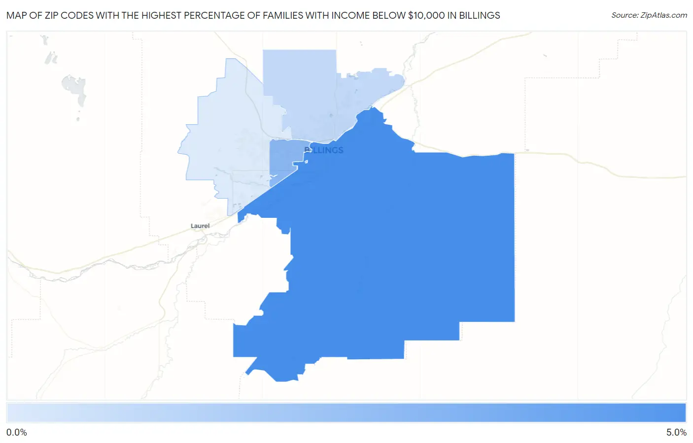 Zip Codes with the Highest Percentage of Families with Income Below $10,000 in Billings Map