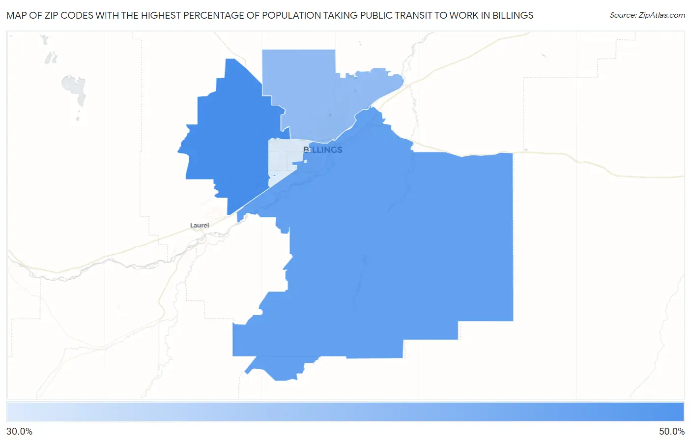 Zip Codes with the Highest Percentage of Population Taking Public Transit to Work in Billings Map