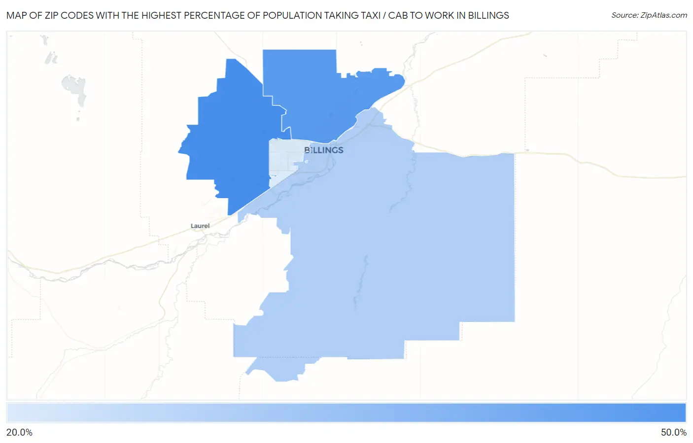 Zip Codes with the Highest Percentage of Population Taking Taxi / Cab to Work in Billings Map