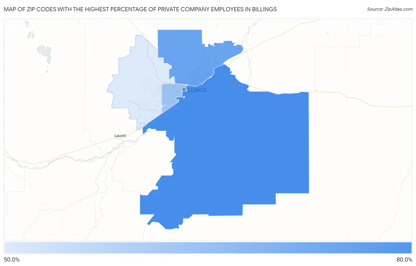 Zip Codes with the Highest Percentage of Private Company Employees in Billings Map