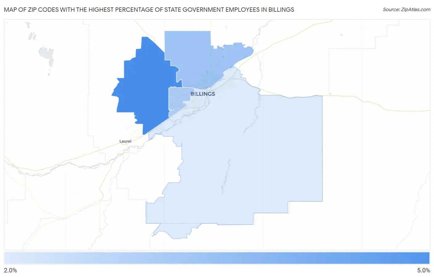 Zip Codes with the Highest Percentage of State Government Employees in Billings Map