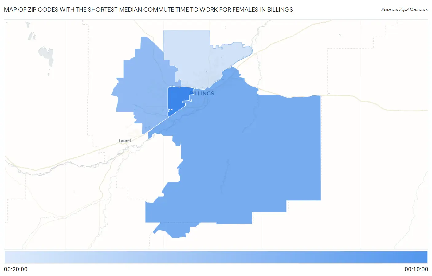 Zip Codes with the Shortest Median Commute Time to Work for Females in Billings Map