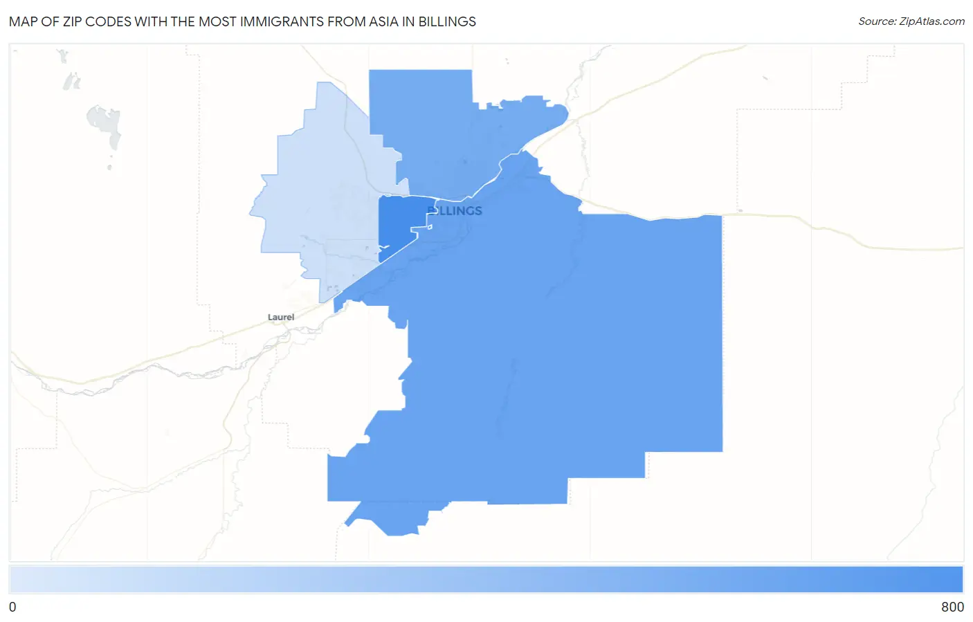 Zip Codes with the Most Immigrants from Asia in Billings Map