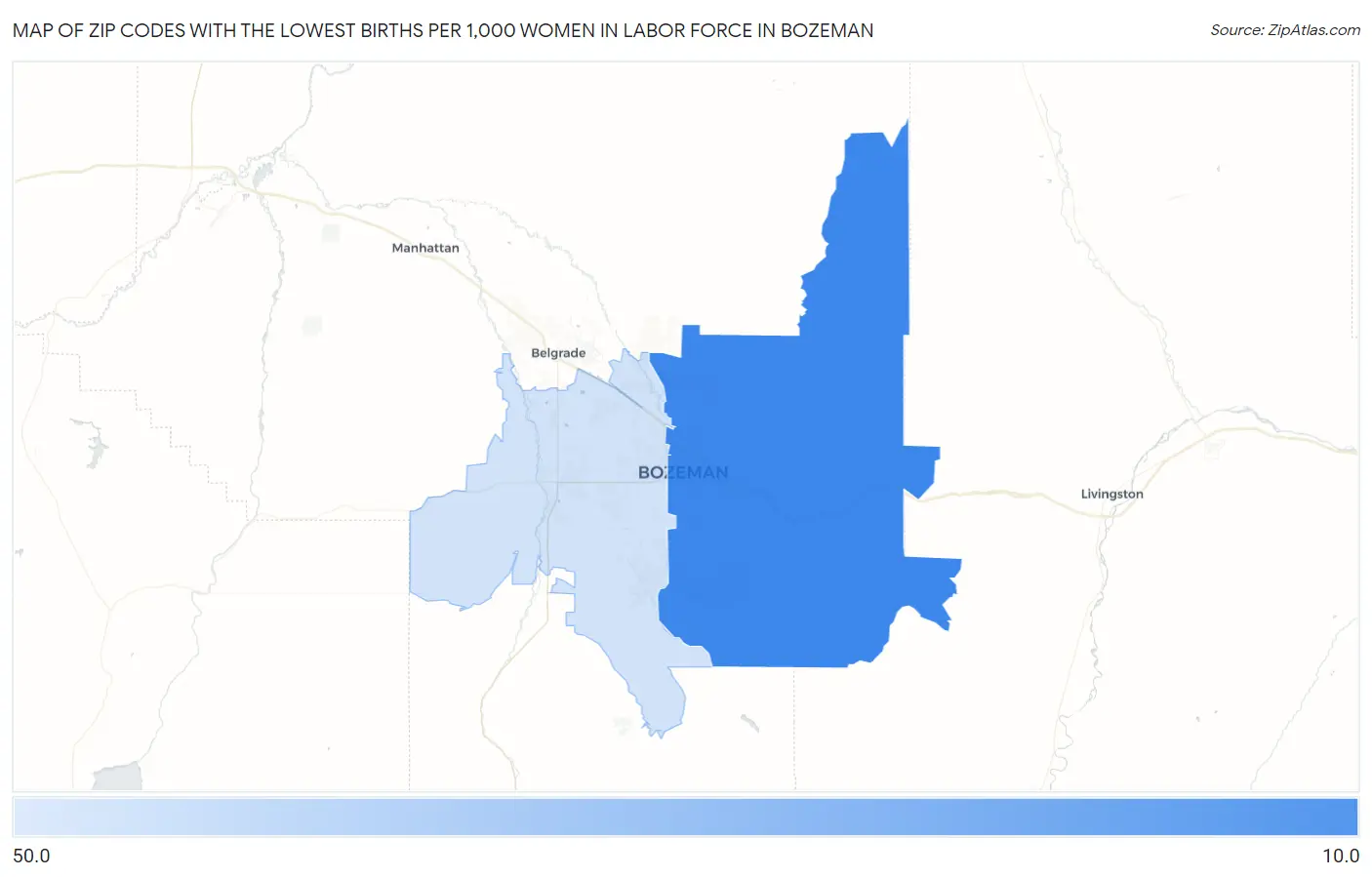 Zip Codes with the Lowest Births per 1,000 Women in Labor Force in Bozeman Map