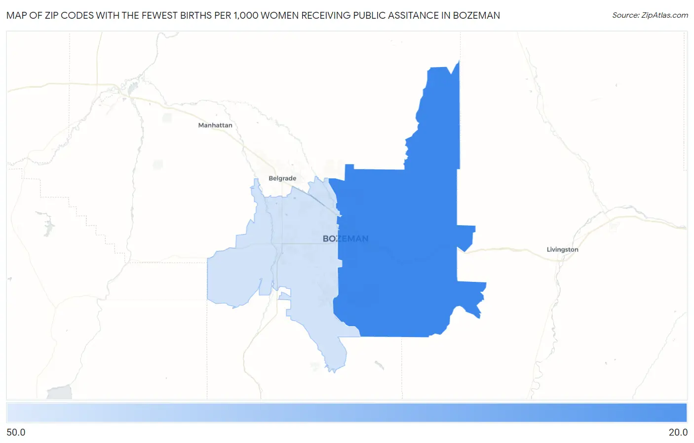 Zip Codes with the Fewest Births per 1,000 Women Receiving Public Assitance in Bozeman Map