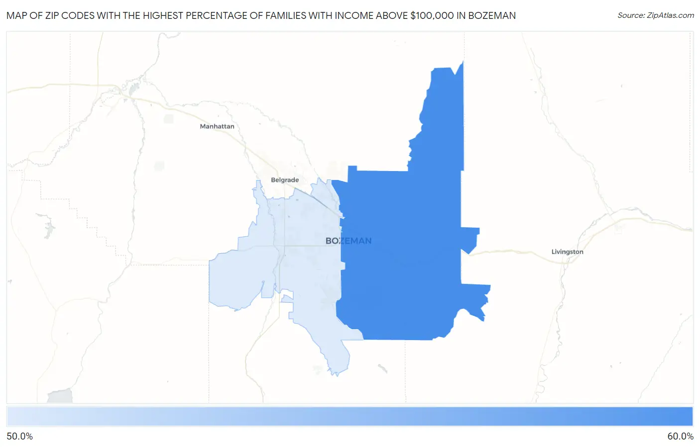 Zip Codes with the Highest Percentage of Families with Income Above $100,000 in Bozeman Map