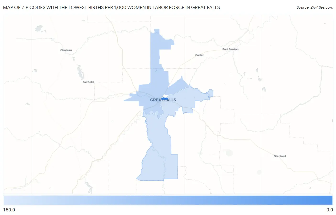 Zip Codes with the Lowest Births per 1,000 Women in Labor Force in Great Falls Map