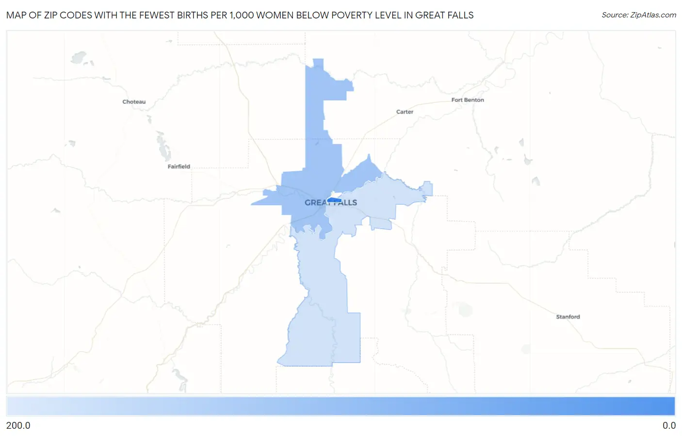 Zip Codes with the Fewest Births per 1,000 Women Below Poverty Level in Great Falls Map