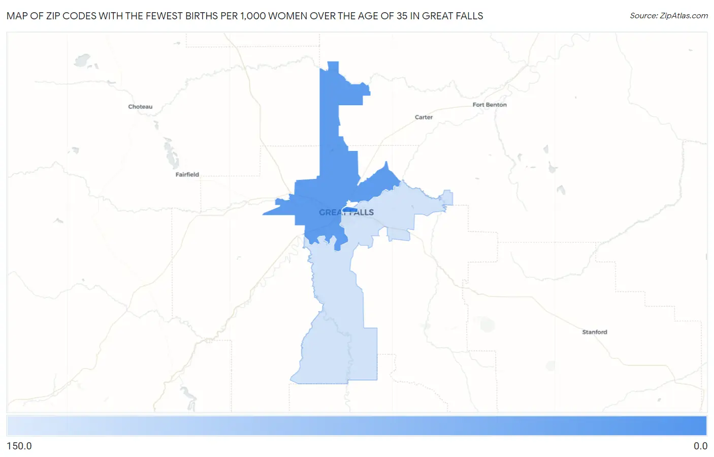 Zip Codes with the Fewest Births per 1,000 Women Over the Age of 35 in Great Falls Map