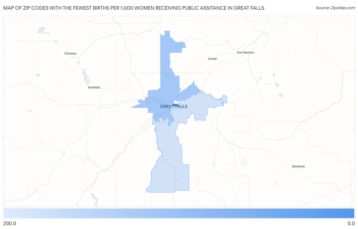 Zip Codes with the Fewest Births per 1,000 Women Receiving Public Assitance in Great Falls Map