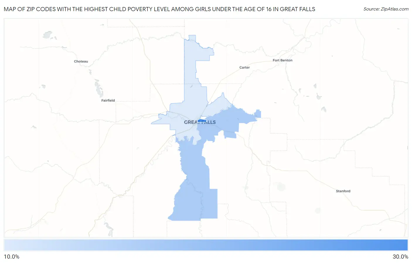 Zip Codes with the Highest Child Poverty Level Among Girls Under the Age of 16 in Great Falls Map