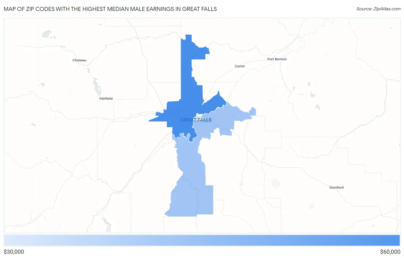 Zip Codes with the Highest Median Male Earnings in Great Falls Map