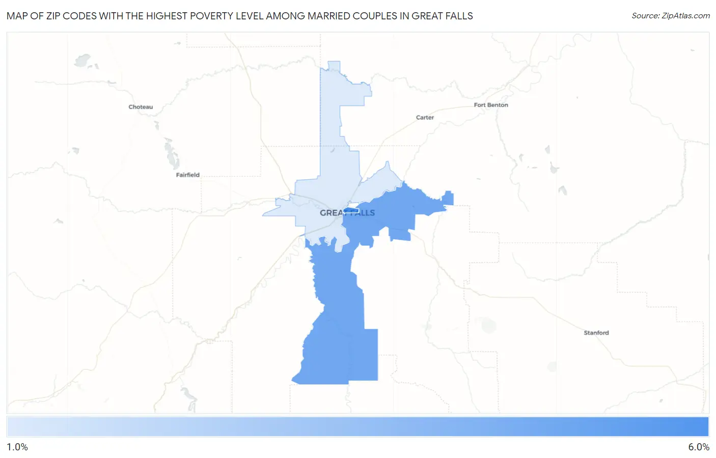 Zip Codes with the Highest Poverty Level Among Married Couples in Great Falls Map