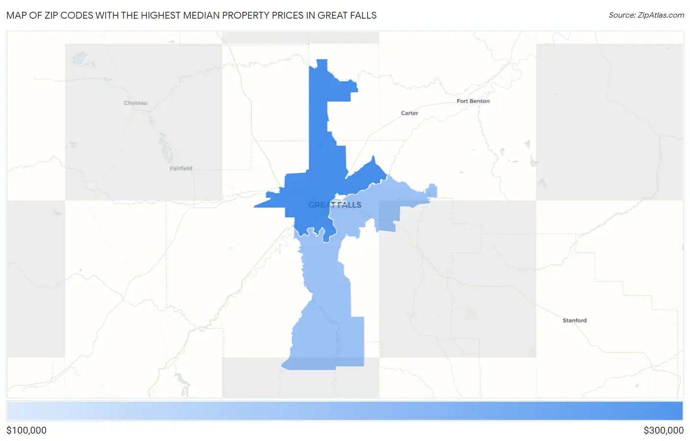 Zip Codes with the Highest Median Property Prices in Great Falls Map