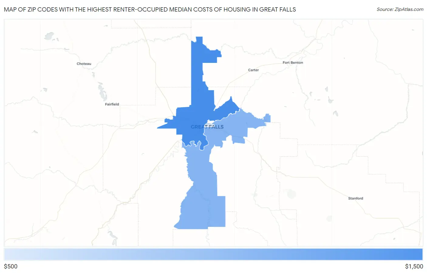 Zip Codes with the Highest Renter-Occupied Median Costs of Housing in Great Falls Map