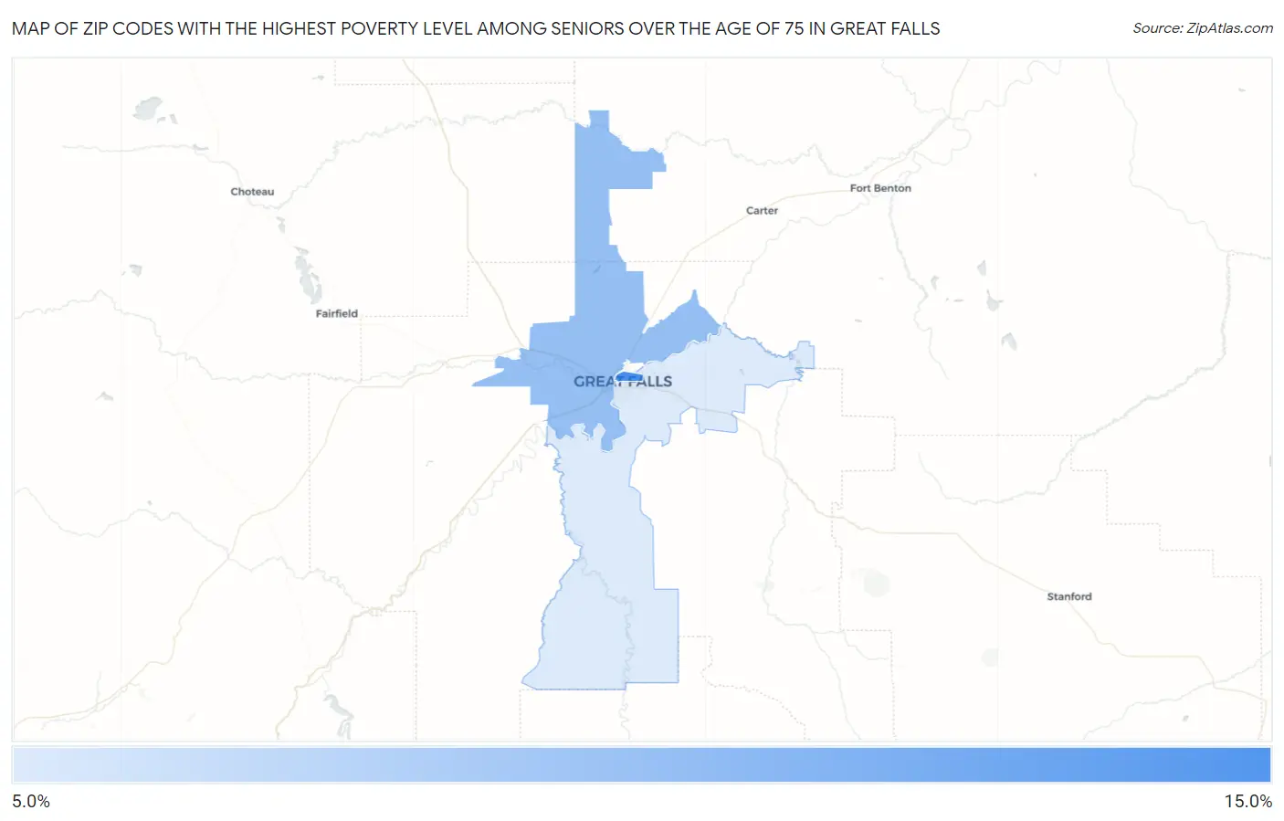 Zip Codes with the Highest Poverty Level Among Seniors Over the Age of 75 in Great Falls Map