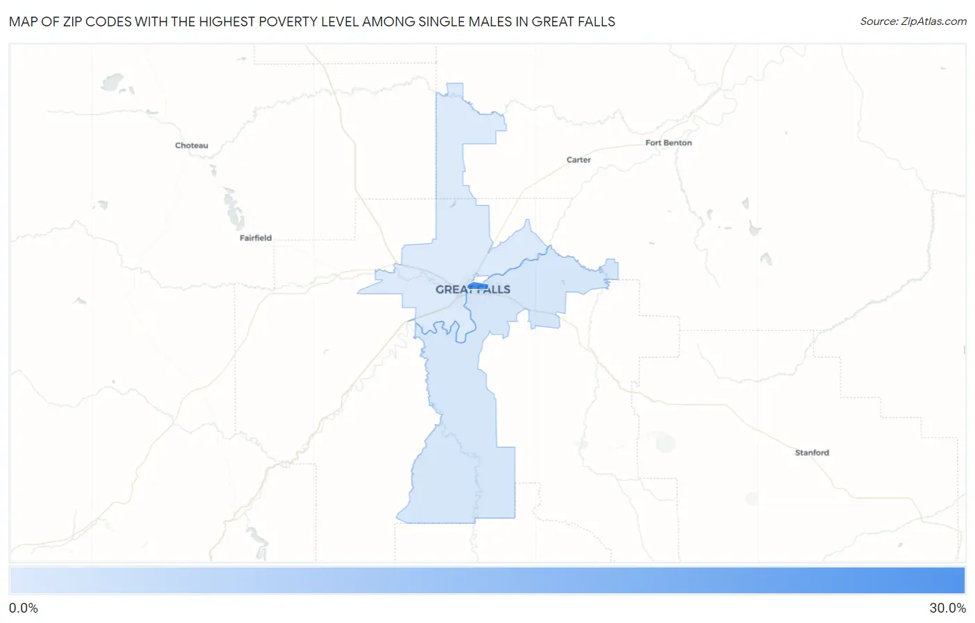 Zip Codes with the Highest Poverty Level Among Single Males in Great Falls Map