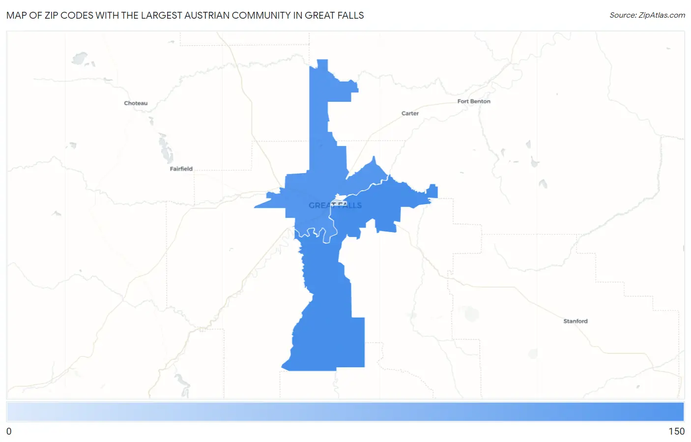 Zip Codes with the Largest Austrian Community in Great Falls Map