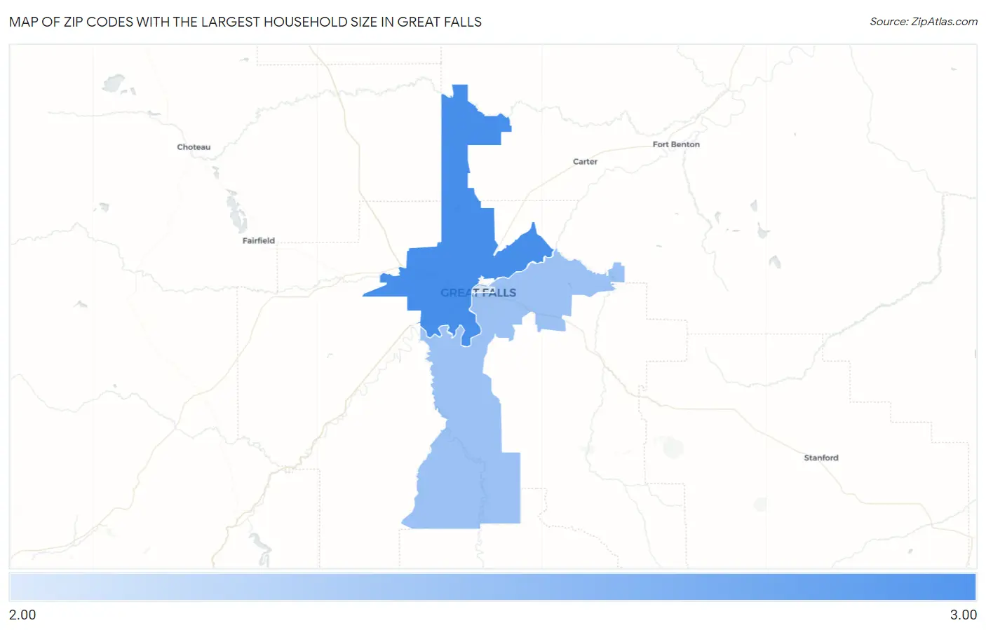 Zip Codes with the Largest Household Size in Great Falls Map