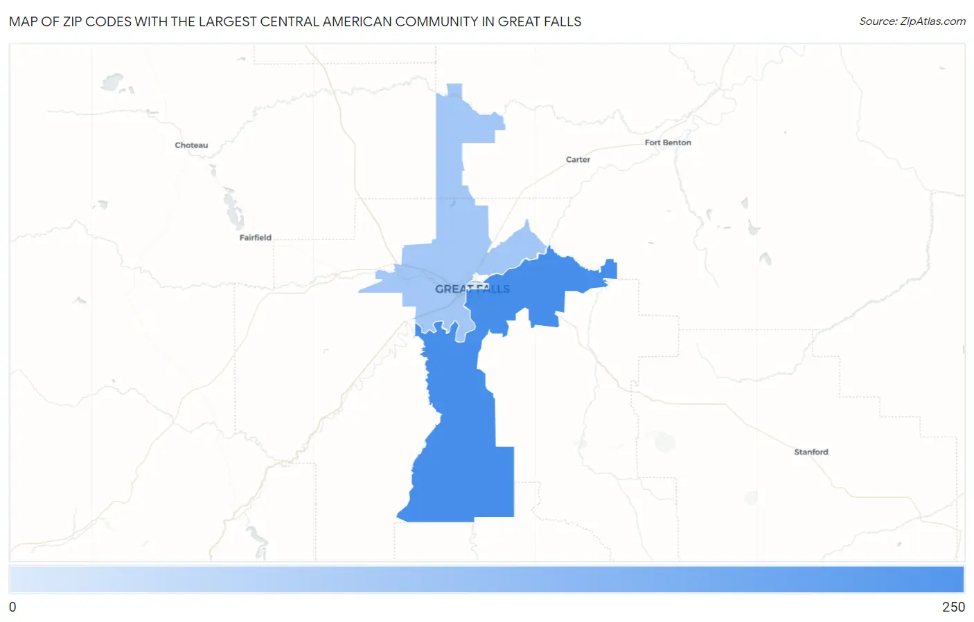 Zip Codes with the Largest Central American Community in Great Falls Map