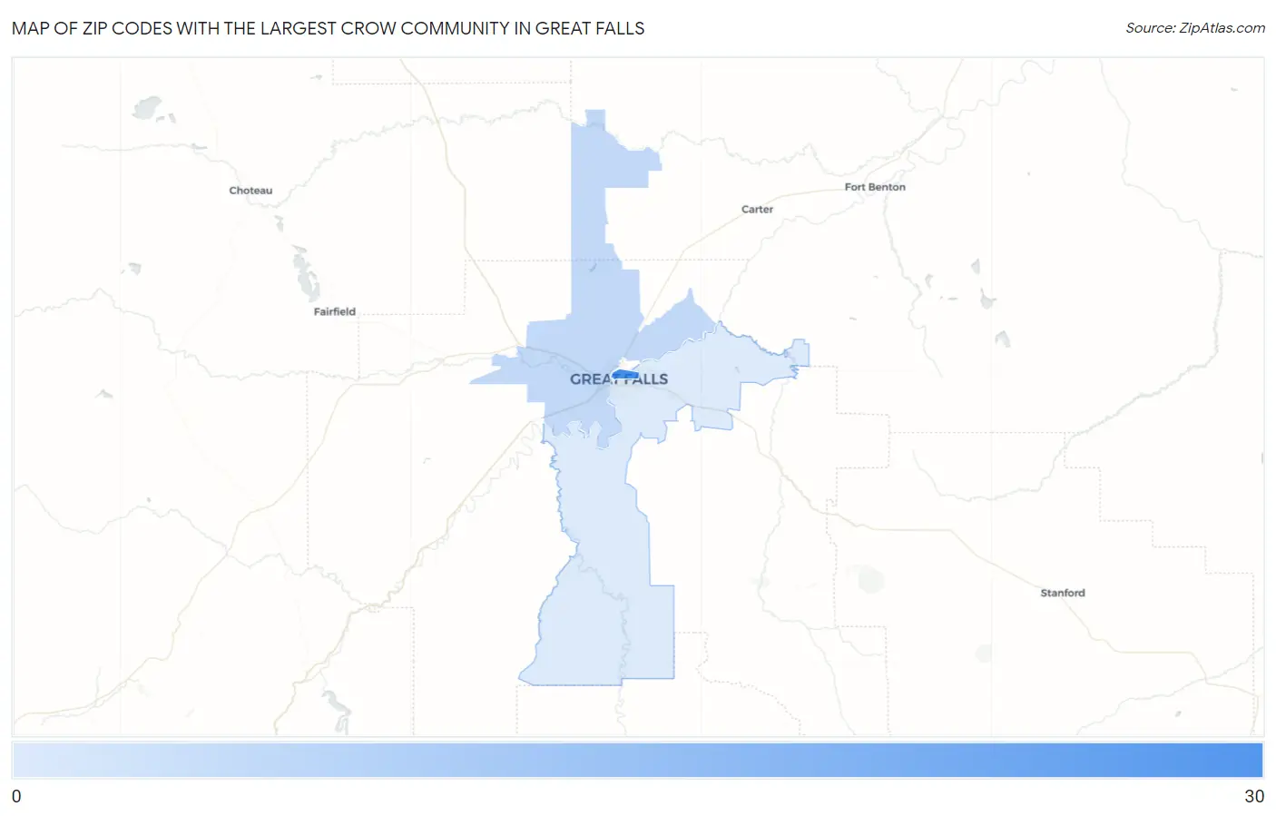 Zip Codes with the Largest Crow Community in Great Falls Map