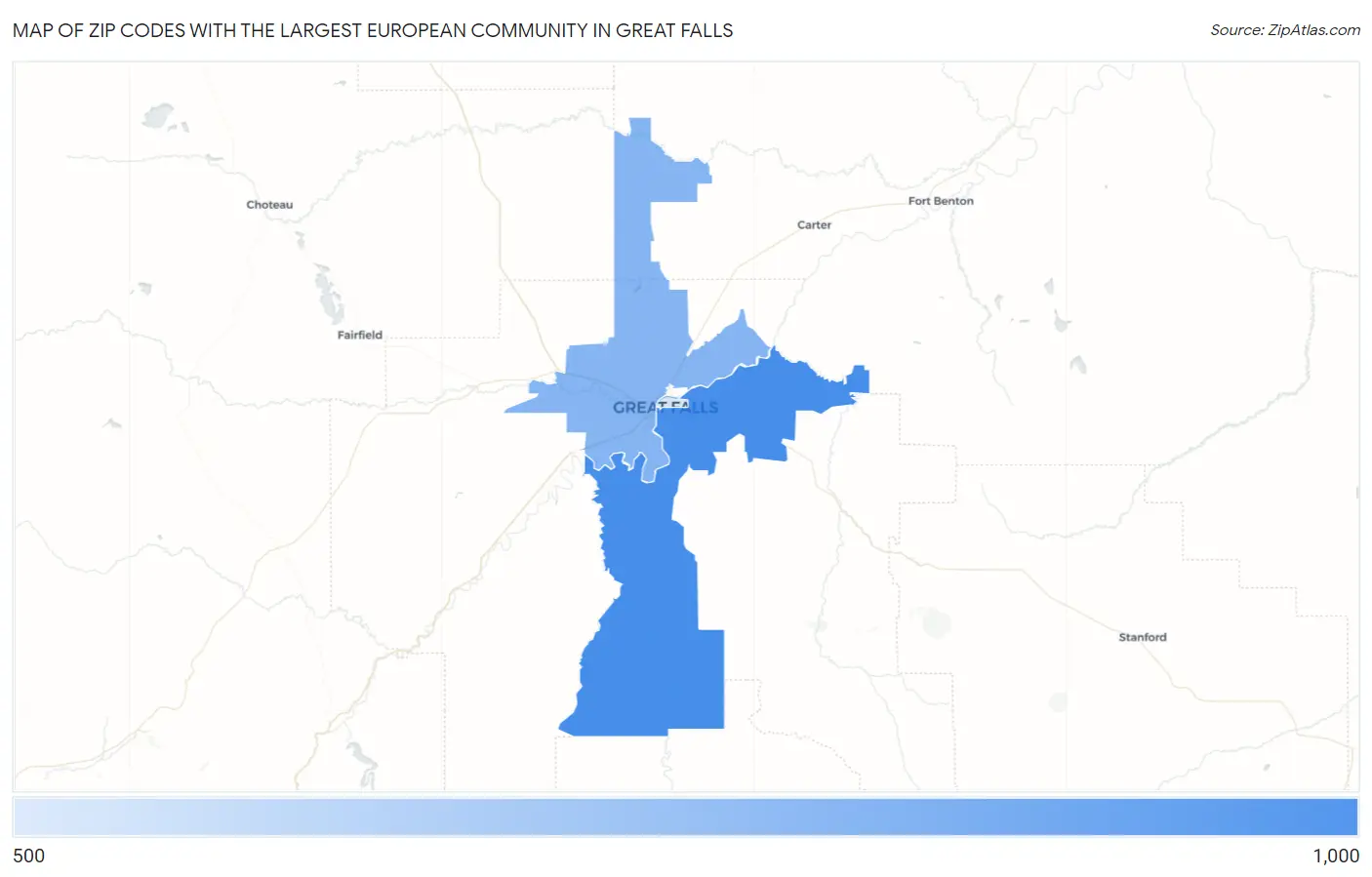 Zip Codes with the Largest European Community in Great Falls Map